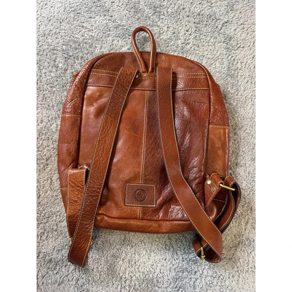 Roots Leather Backpack Cognac Brown Brass Hardware White Stitch Medium
